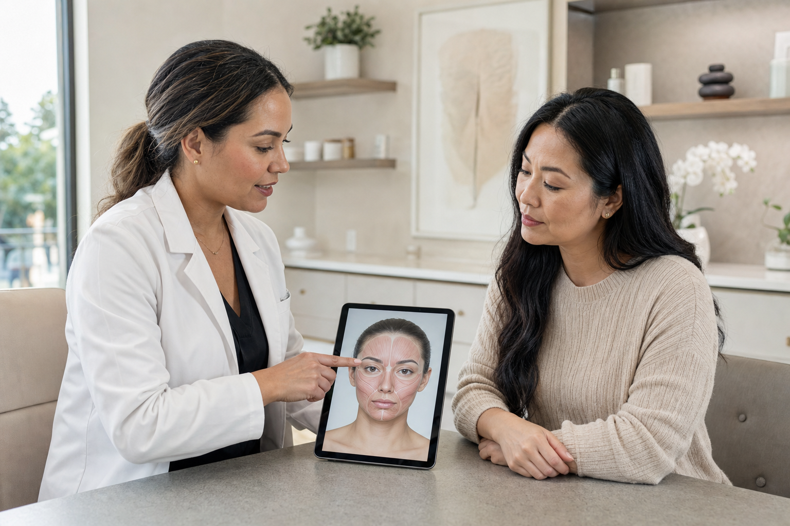 MedSpa 상담자가 고객과 얼굴 해부학 오버레이를 함께 확인하는 장면