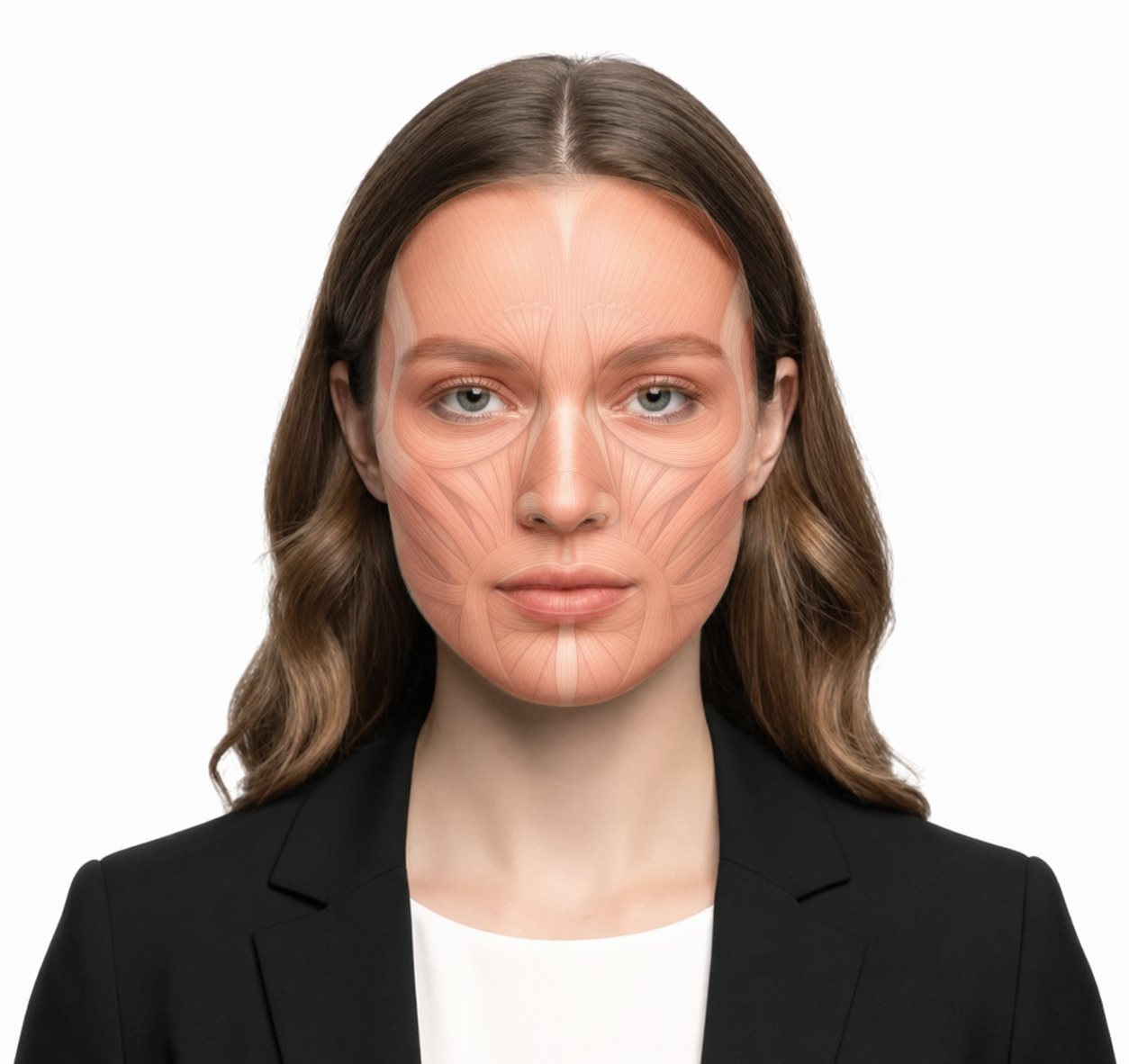 정면 상담 사진 위에 표시된 FaceMap 얼굴 근육 오버레이