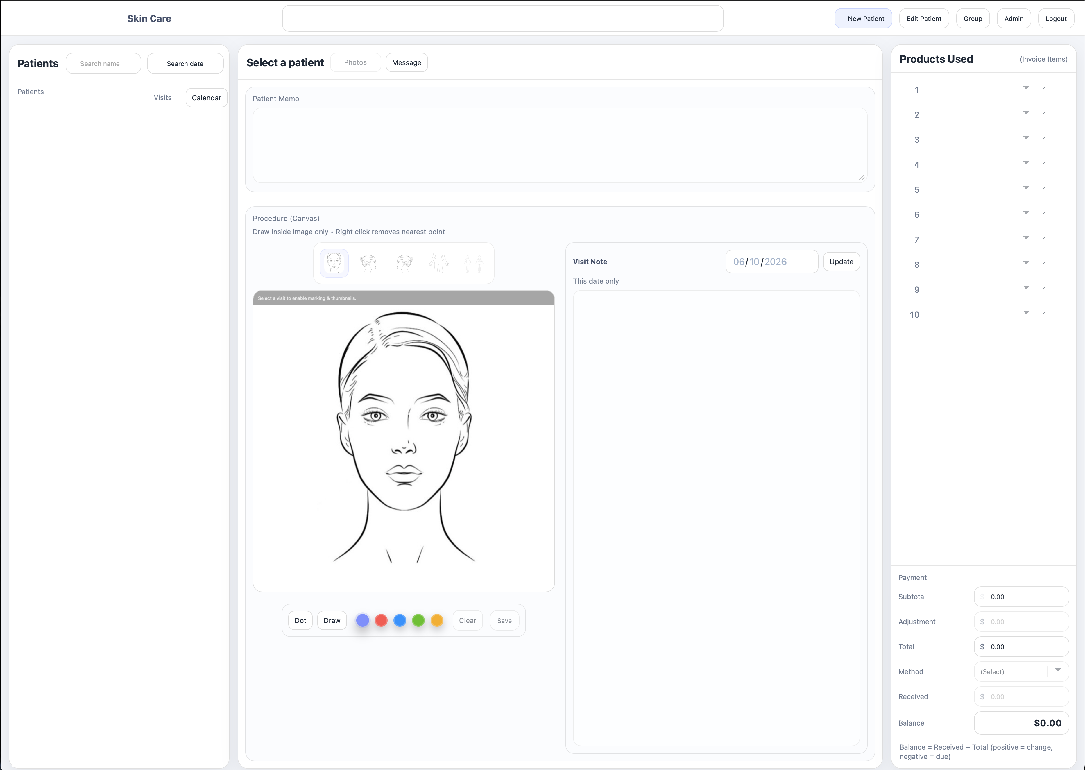 SKChart practice management dashboard for client visits